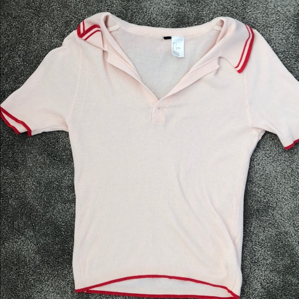 Thrifted Collar Tee: Light Pink and Red Trim